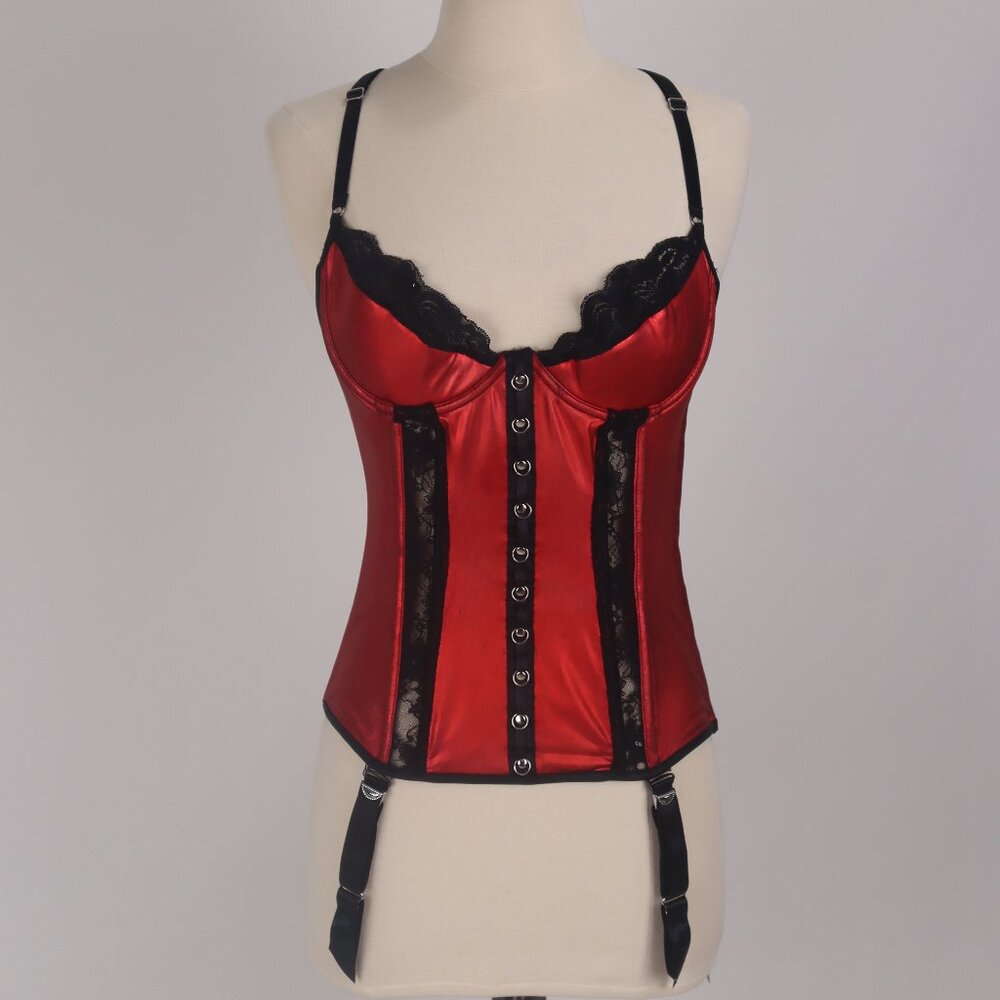 ❄️ Frederick's of Hollywood Black Lace Red Satin Bandage Corset Garters Girdle